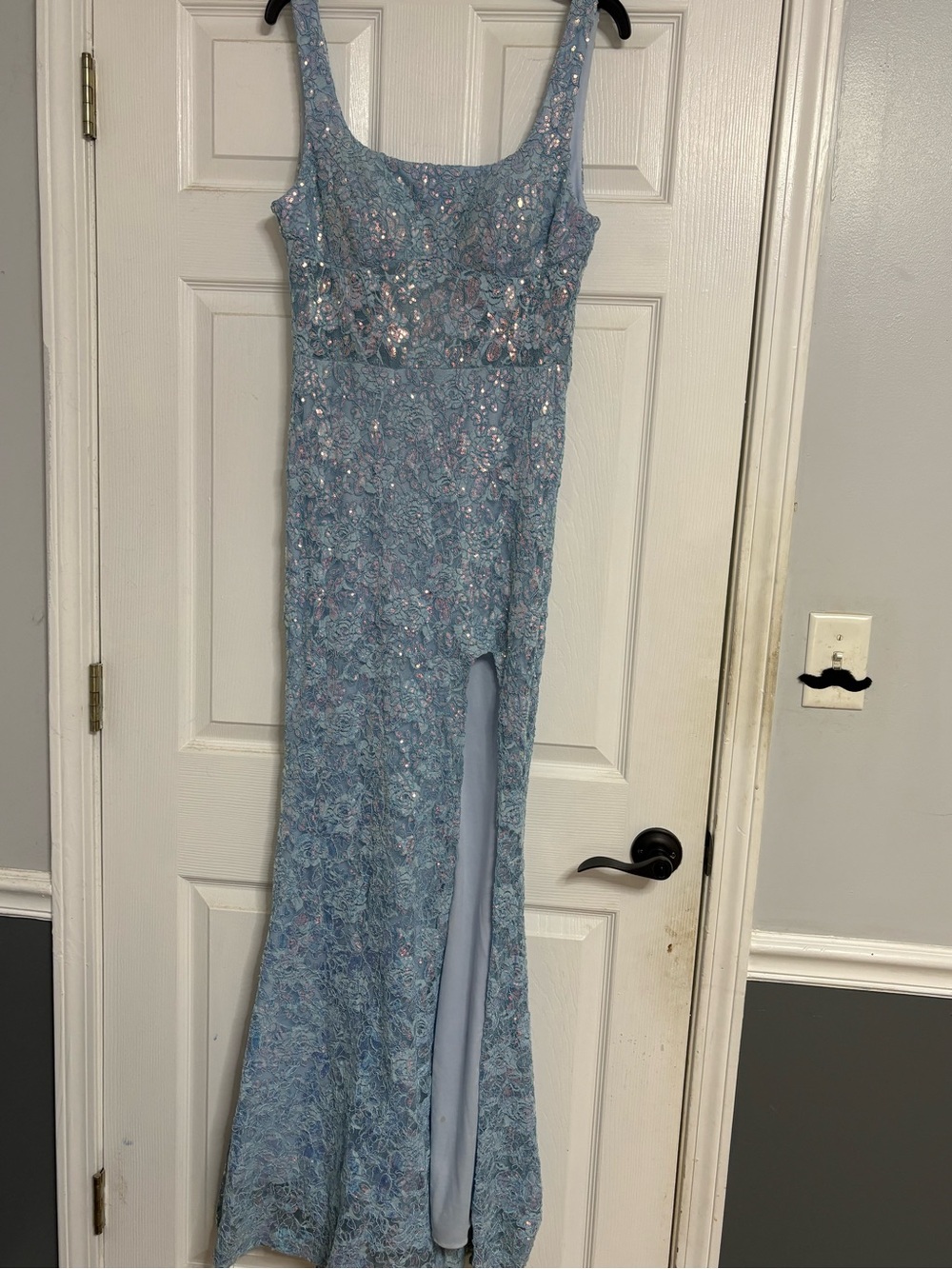 Sleeveless Sequin Lace Prom Dress in Light Blue